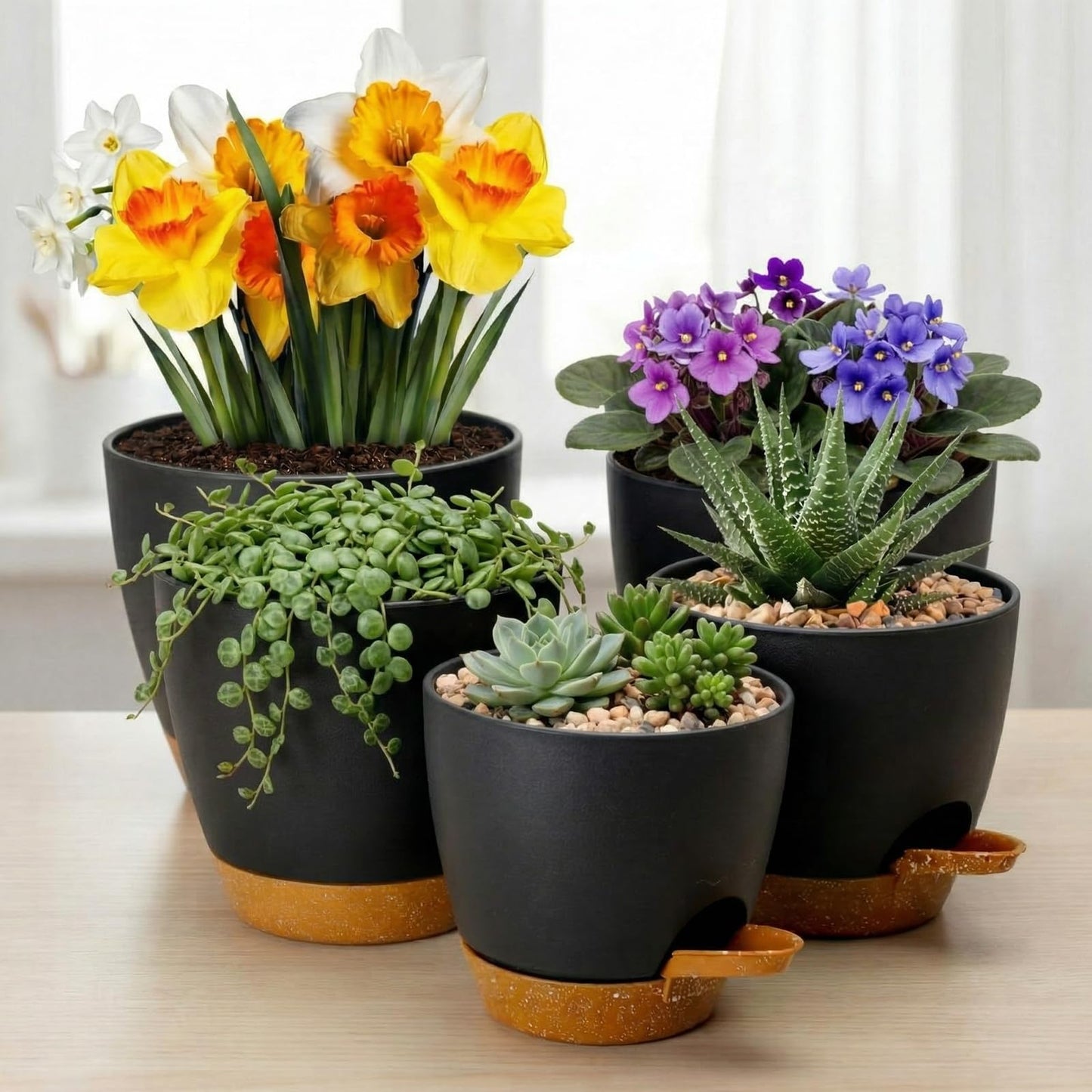 Remerry 15 Pcs 7/6.5/6/ 5.5/5 Inch Self Watering Planters with Drainage Hole Plant Pots Plastic Flower Pots Self Watering Pot and Saucer Reservoir for Garden Plant Flower(Black)