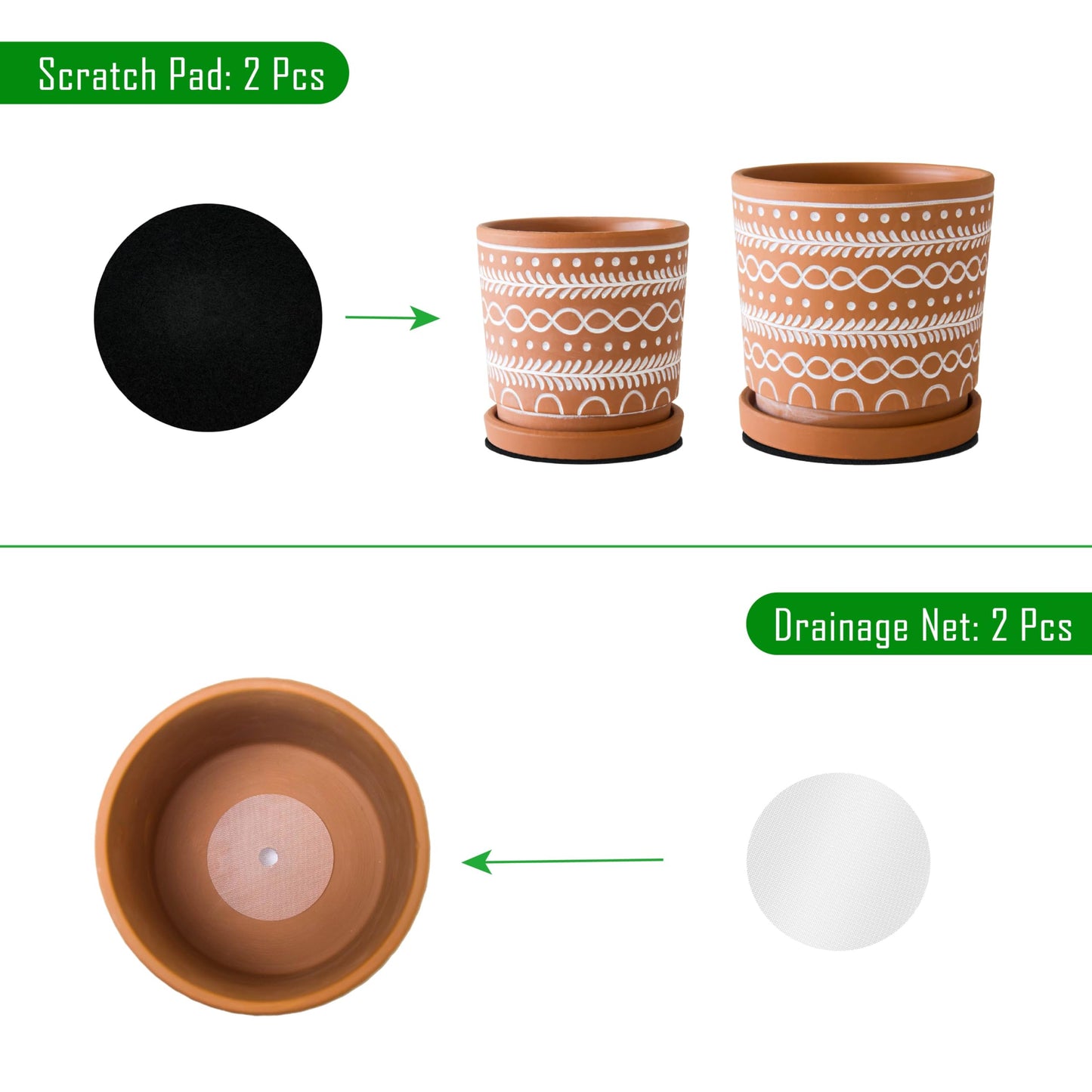 D'vine Dev Set of 2 Terracotta Pots, 4 Inch & 6 Inch, Planter Pots for Plants with Drainage Holes and Saucers, Terracotta/White, 31-958-D-1