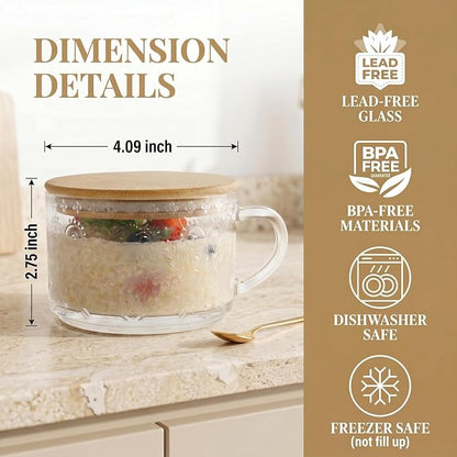 YORY 14oz Vintage Glass Mugs with Bamboo Lids & Spoons, 4-Pack gift set | Perfect for Overnight Oats, Yogurt, Coffee Tea , Kitchen, Housewarming ,women