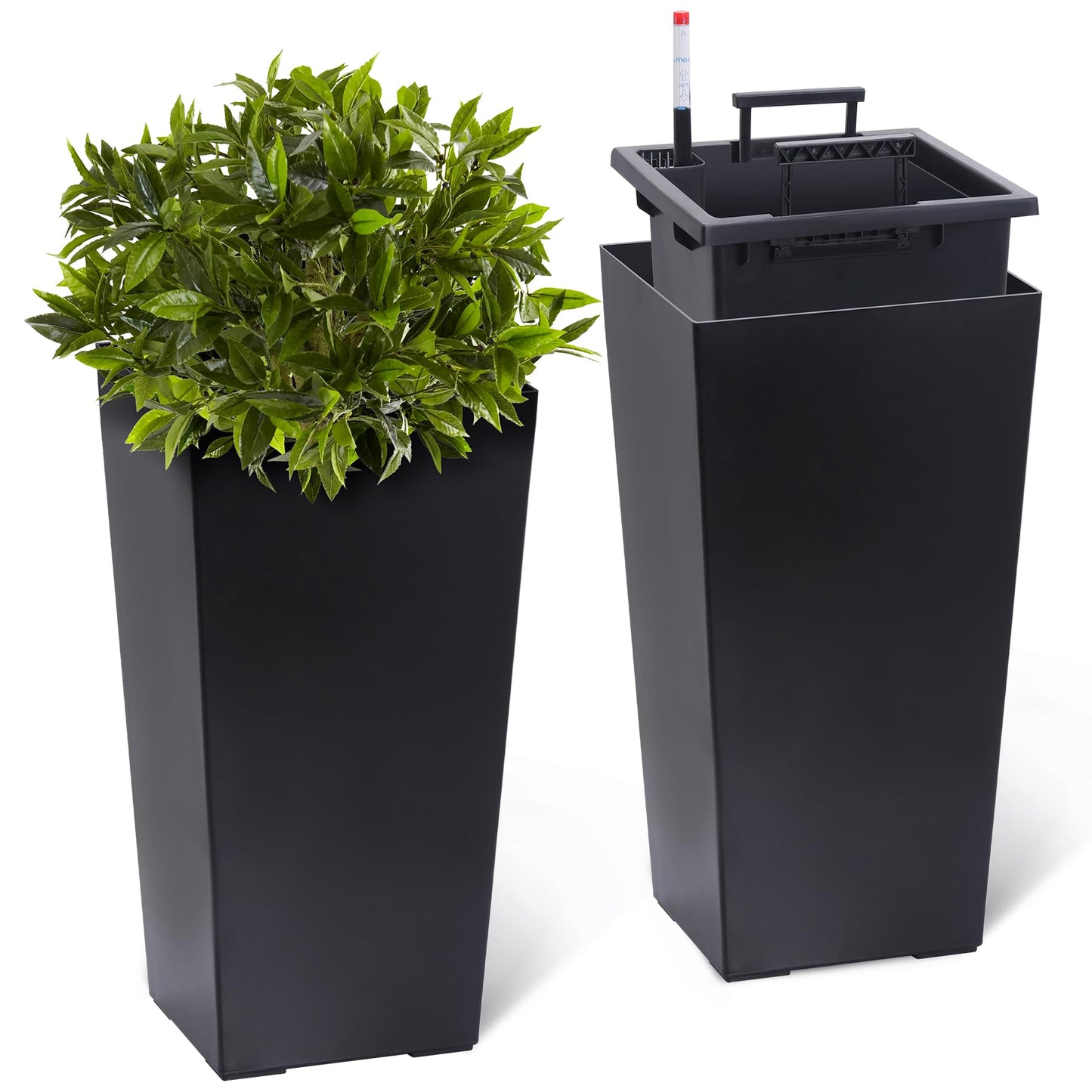 Garvee 22.5" Tall Planters Set of 2, Outdoor＆Indoor Black Planter Pots, High Front Porch Planter Pots with Drainage Holes＆Water Level Monitor＆Inner Bucket,Black