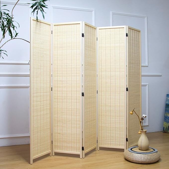 Furnnylane 5 Panel Bamboo Room Divider – 5.6 ft Tall Folding Privacy Screen
