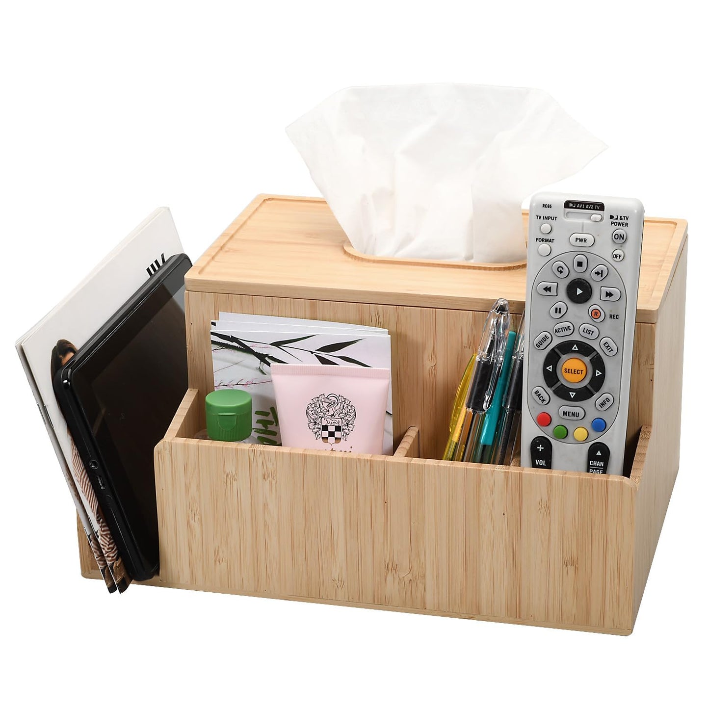 MobileVision Bamboo Tissue Box Holder & Tablet Stand Organizer for Bedroom & Desktop; compartments hold iPad Phones Remote Controls Reading Glasses Notepads & Pens