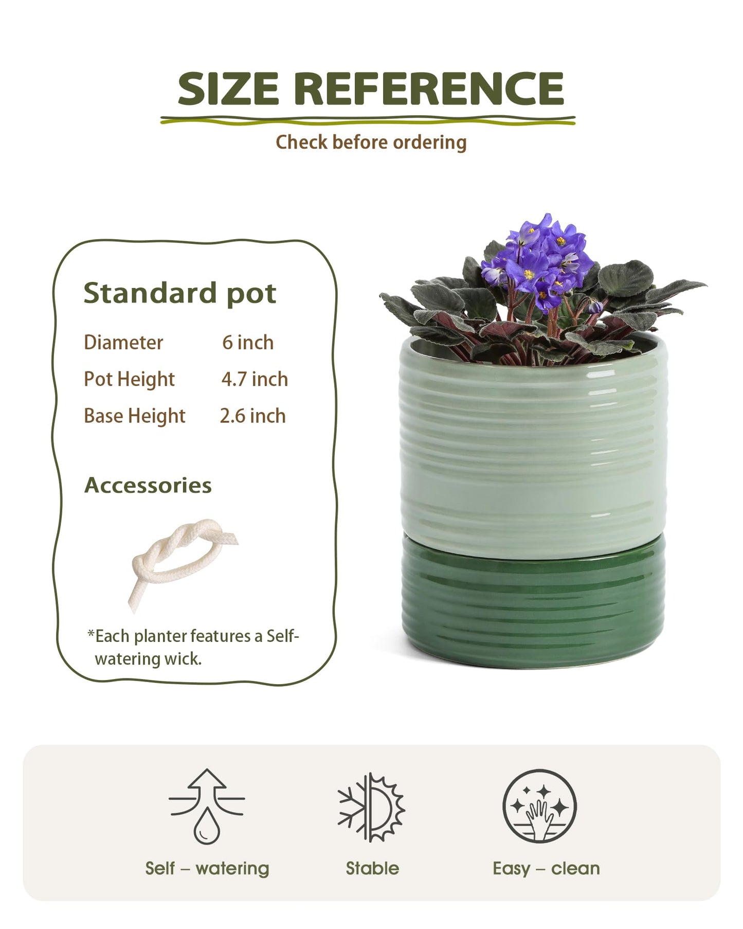 Fayoula Self Watering Pots for Indoor Plants, 6 Inch Ceramic Self Watering Plant Pot, Planter Pot with Wick Rope and Drainage Hole for African Violet Succulent Herbs (Green Light)