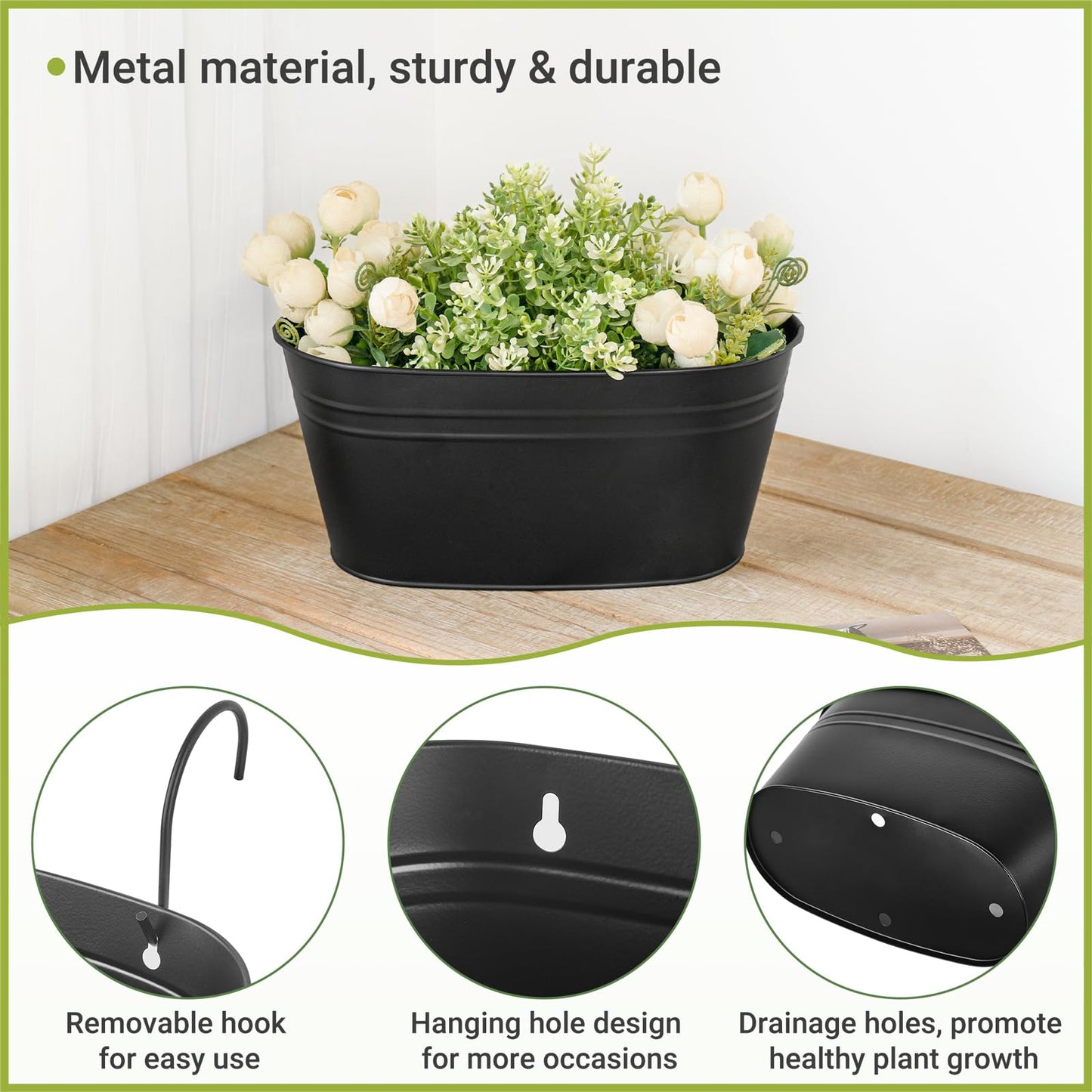 Dahey 3 Pcs 10.5 Inch Hanging Flower Pots for Railing Fence Metal Wall Planters for Indoor Plants Outdoor Countryside Window Flower Holder with Hooks Drainage Holes for Garden Yard Home Decor, Black