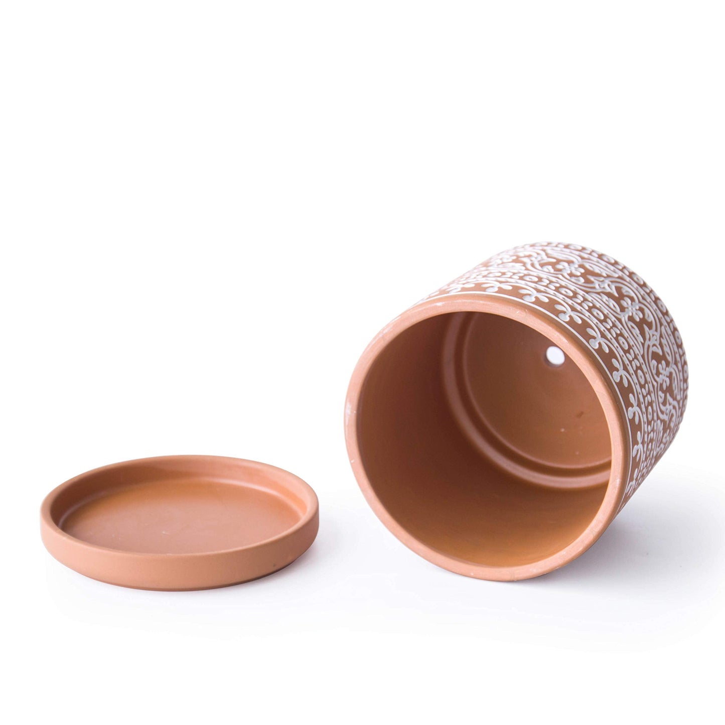 D'vine Dev Set of 2 Terracotta Pots, Wave Pattern Planter Pot, 4 Inch and 6 Inch, Pot with Drainage Hole and Saucer, Terracotta/White, 31-958-F-1
