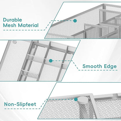 Expandable Desk Drawer Organizer Tray with 10 Adjustable Compartments, Metal Mesh Office Drawer Organizer, Versatile Desk Organizer for Home, School Supplies, Makeup Vanity & Jewelry (White)
