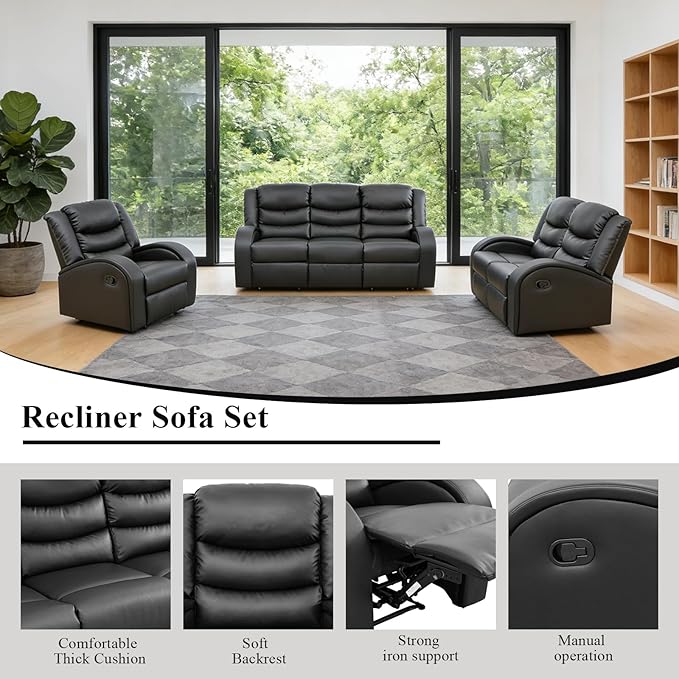 3-Piece Couch Living Room Furniture Sets, Sectional Recliner Sofa Set, Leather