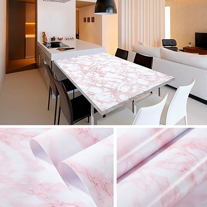 practicalWs 15.7 in × 118 in White Pink Marble Stick Paper Peel and Stick