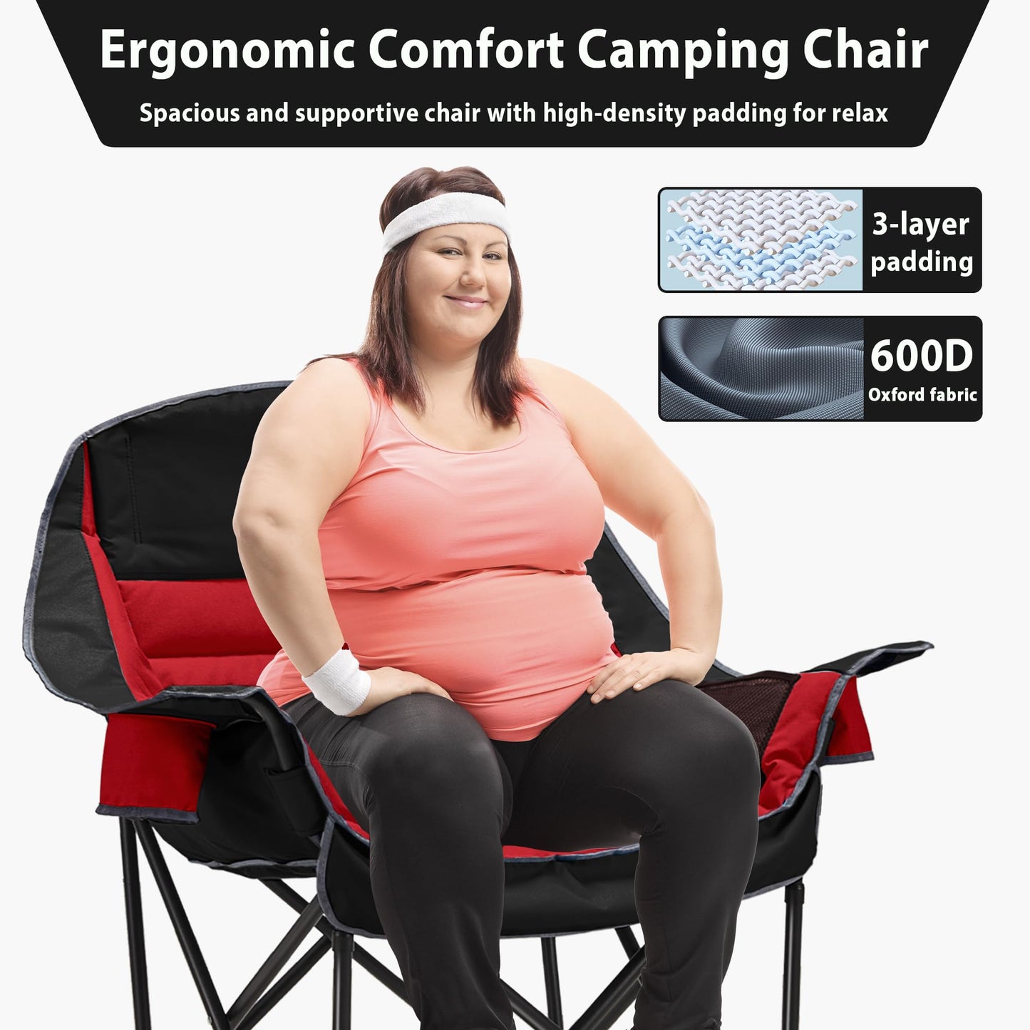 Youtanic Oversized Camping Chair, Portable Folding Camping Chairs with Side Pocket, Cup Holder and Carry Bag, Heavy Duty Outdoor Camping Chairs for Adults, Fishing, Sports, Trip, up to 400lbs, Style 5