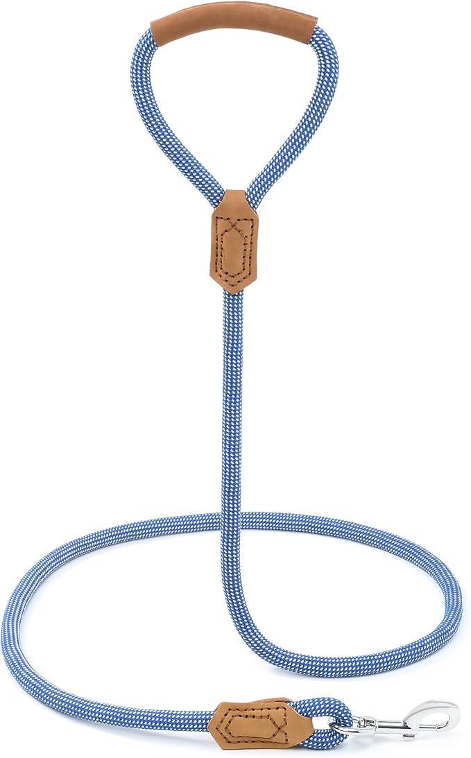 Mile High Life | Premium Leather Dog Leash | Strong Rope Leash | Leather Handle | Zinc Alloy Strong Clasp | Small Medium Large Dogs | 4/5/6 Feet(Blue White, 72 Inch (Pack of 1))