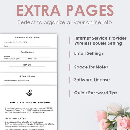 Elegant Password Book with Alphabetical Tabs - Hardcover Password Book for Internet Website Address Login - 7" x 10" Password Keeper and Organizer w/Notes Section & Back Pocket (Rose Gold)