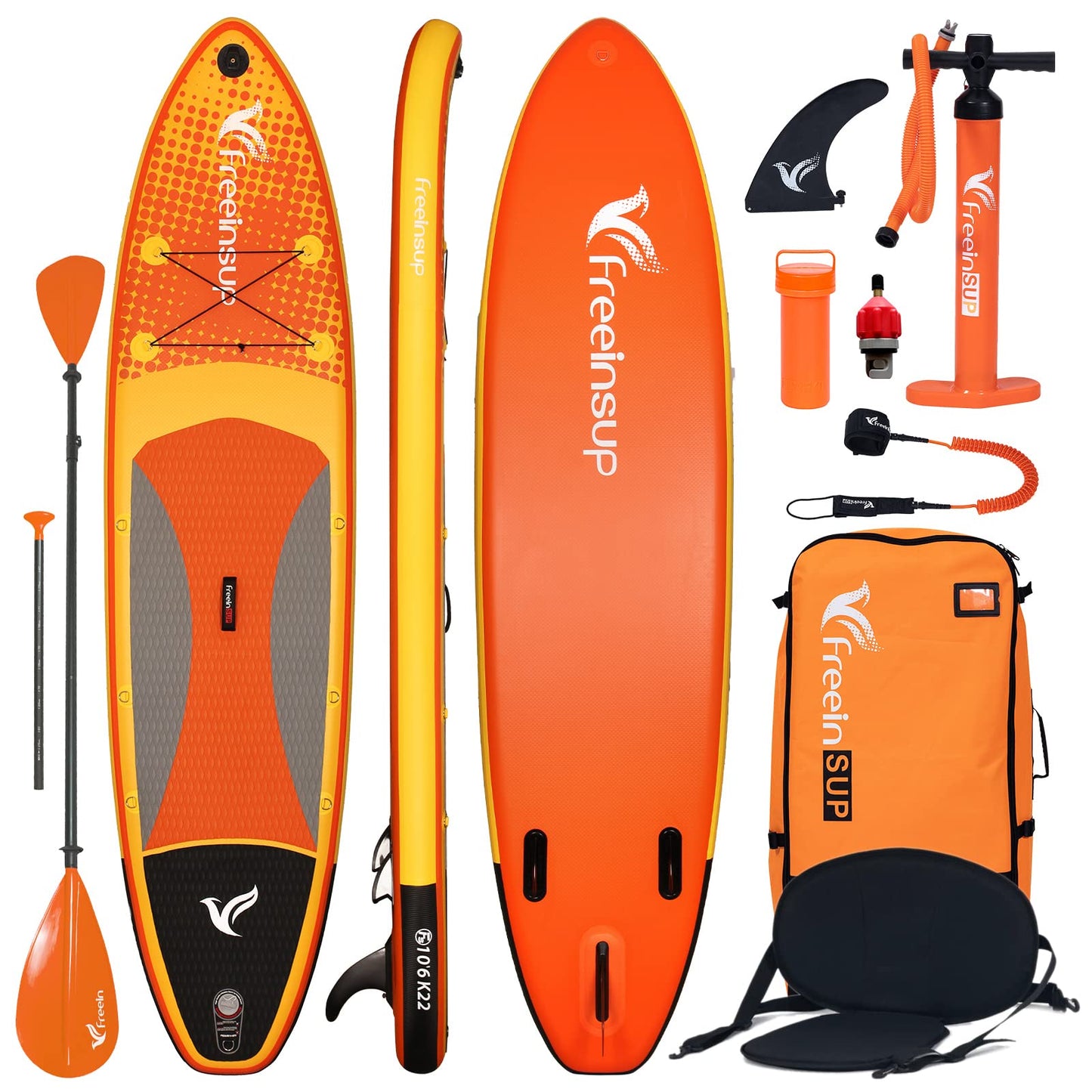 Freein Inflatable Stand Up Paddle Board ，Capacity 2-in-1 SUP/Kayak with Adjustable Seat ，Electric Pump Adapter ，Non-Slip Diamond Deck & Travel Backpack ，for Adults/Fishing/Yoga（Yellow,10'6"