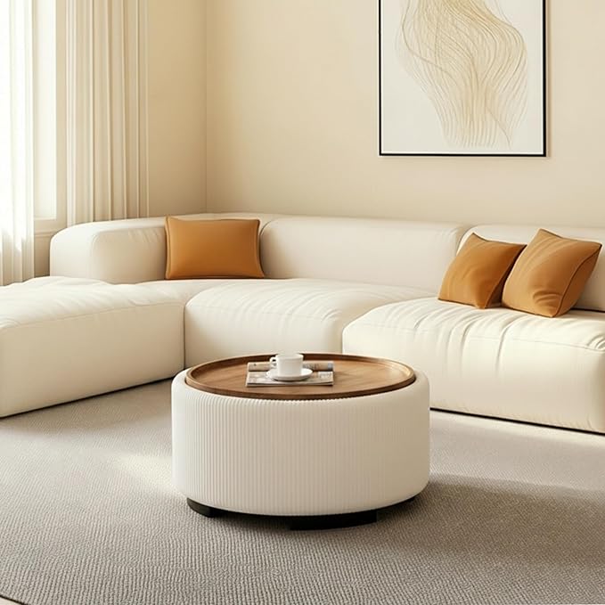 29.5 Inch Round Storage Ottoman Coffee Table, Modern Circle Coffee Table