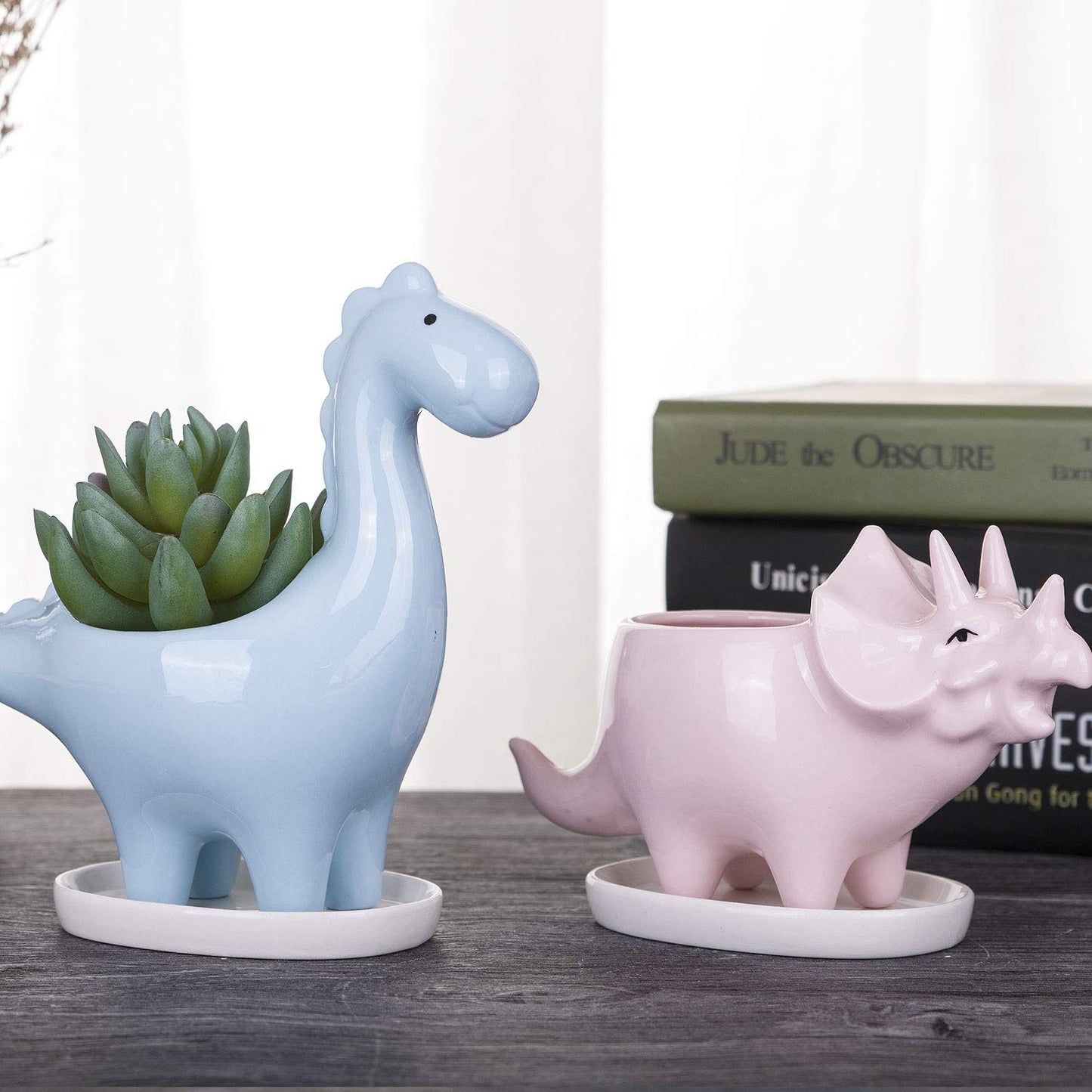 VanEnjoy Desktop Cute Cartoon Herbivorous Dinosaur White Ceramic Succulent Planter with Tray, Bonsai Cactus Flower Pot Vase Holder Decorative Organizer