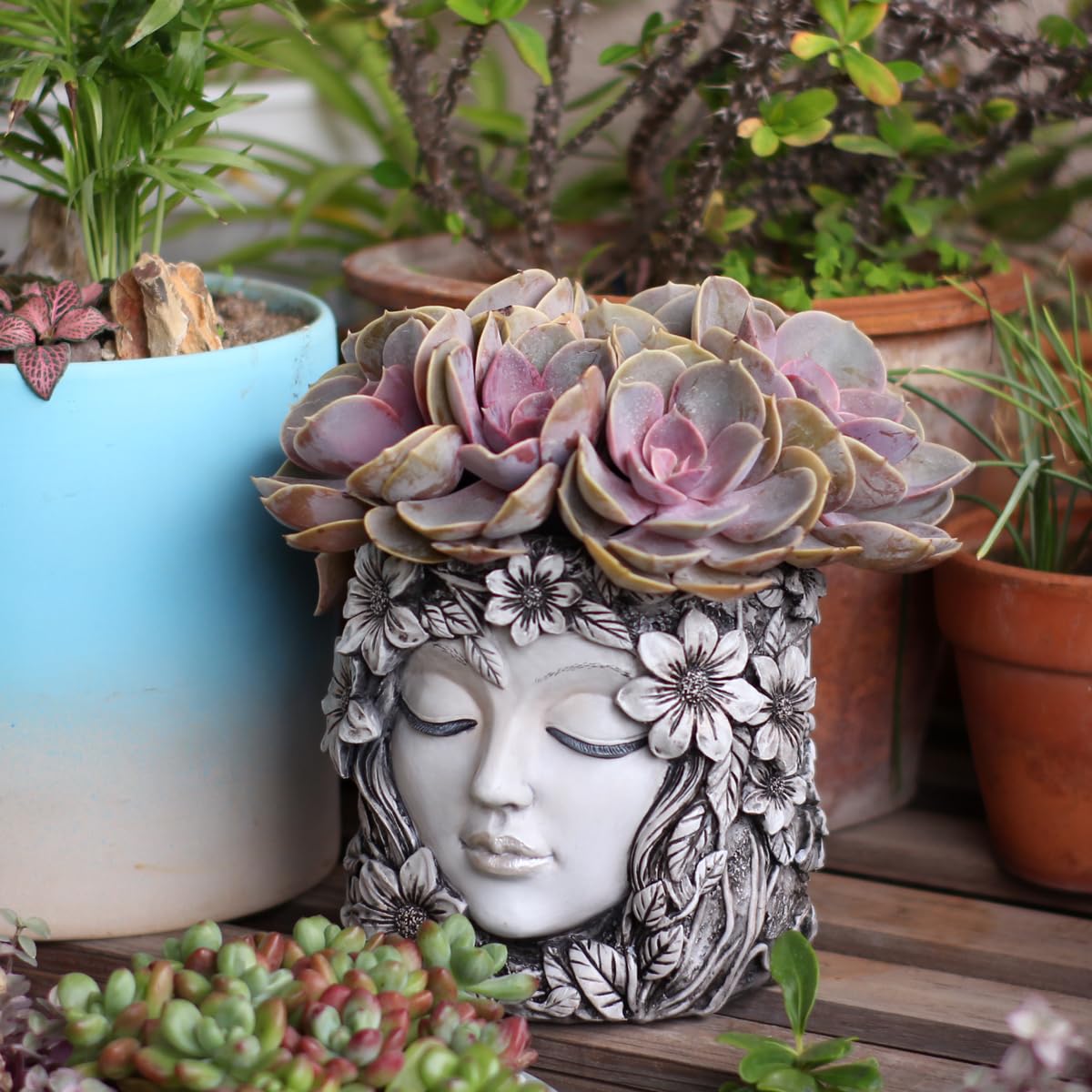 YOYLMAL Floral Face Planter Pot, 5.9” Resin Women's Head Succulent Planter for Indoor Outdoor Plants, Unique Flower Pot with Drainage Hole, Gifts for Women Mom