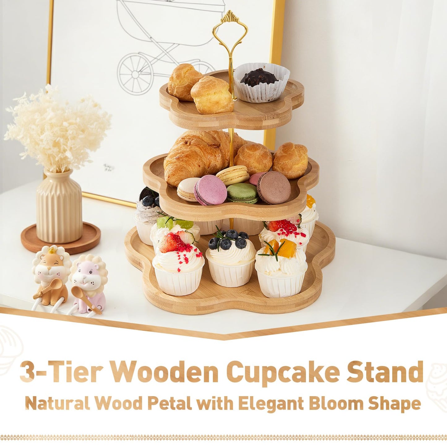 DUJUST Elegant 3-Tier Wooden Cupcake Stand with Flower-Shaped Design, Rustic Bamboo Tiered Serving Tray for Cupcake, Desserts, Tea Party, Wedding, Farmhouse & Kitchen Decor, Easy to Install & Clean