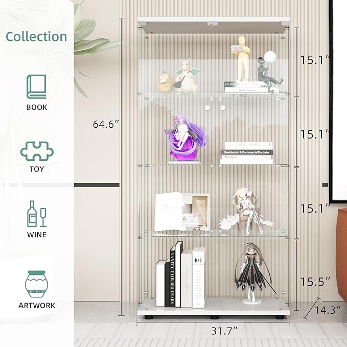 Display Cabinet with Glass Door and Lock, 4-Shelf Curio Cabinets with 5mm
