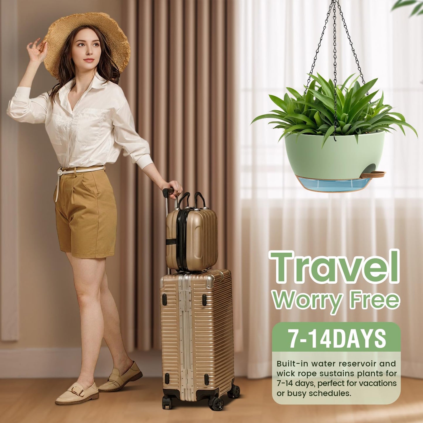 2 Pack 12 Hanging Flower Pots with Chains Self Watering Plastic Planters for Indoor Outdoor Plants, Sturdy Triangular Iron Chain Design for Garden PorchPlastic hanging flower pots (2, Green Brown)