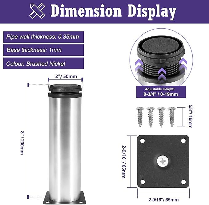 8 Inch Metal Furniture Legs Stainless Steel Adjustable Legs Silver Metal Legs