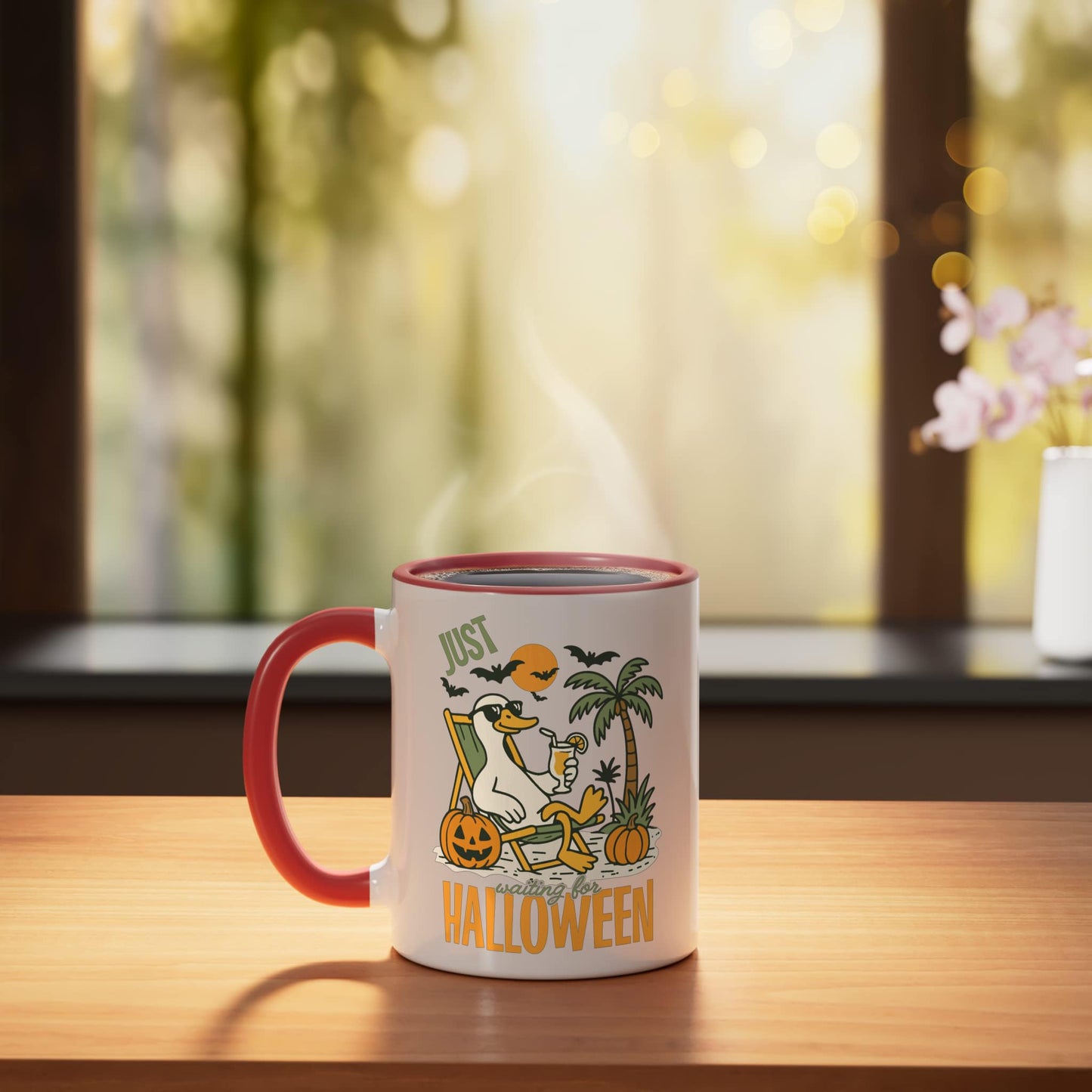 Funny Summerween Goose Beach Just Waiting For Halloween Duck Ceramic Mug, Red/White