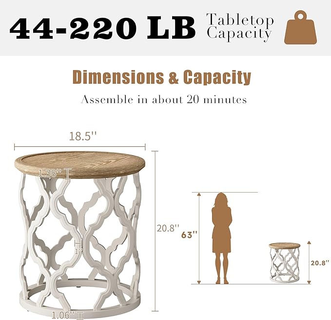 karlott Farmhouse End Table, 18.5'' French Country Round Side Table, Distressed