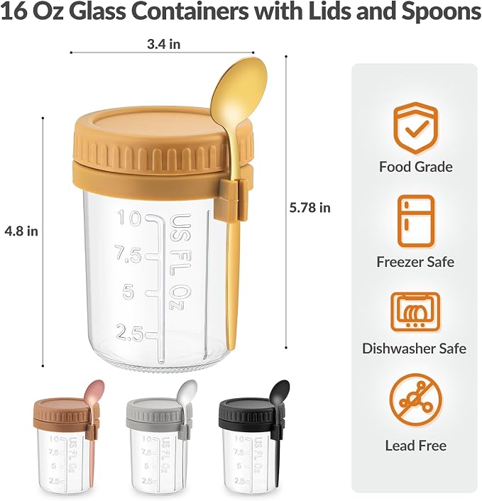 DRKIO 4 Pack Overnight Oats Containers with Lids and Spoons 16 Oz Glass Mason Jars for Overnight Oats Jars Leak Proof Oatmeal Container Great for Cereal Fruit Vegetable Milk Salad Yogurt Meal Prep