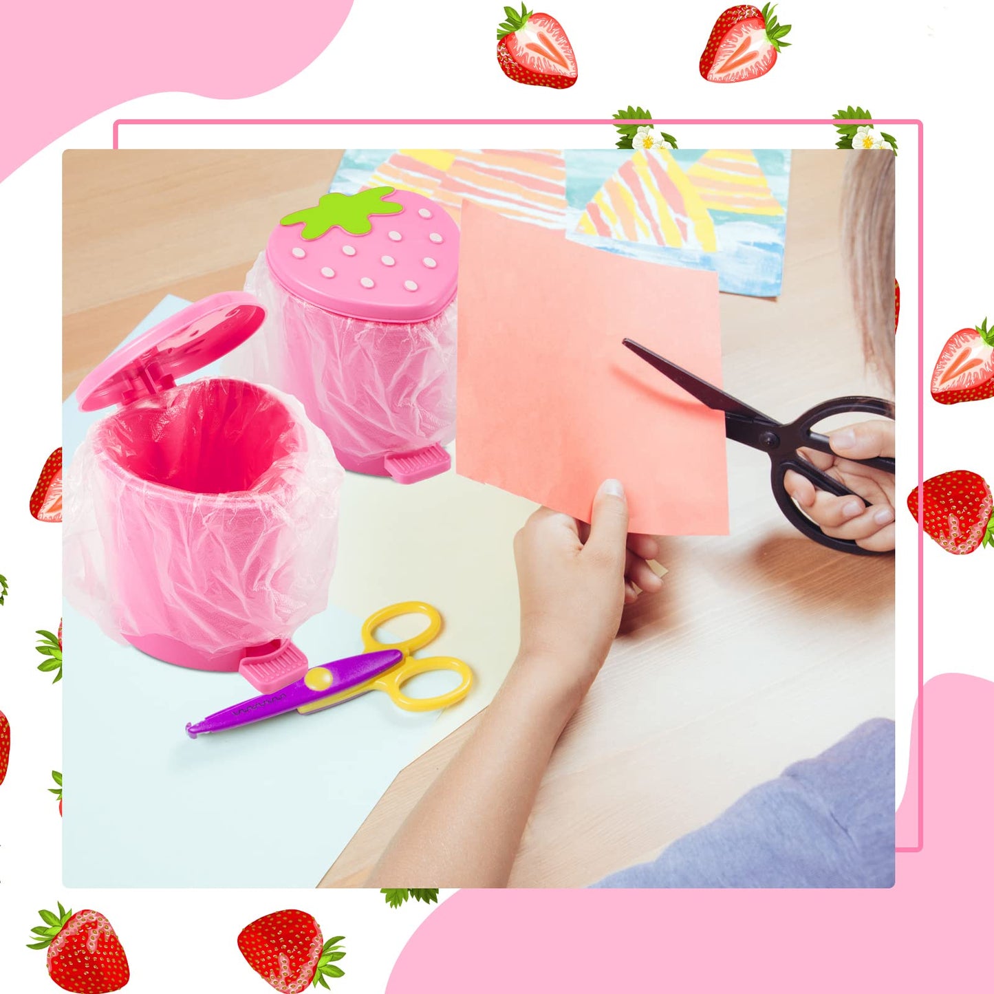 3 Pcs Strawberry Trash Can with 100 Pieces of Trash Bags 4 x 3.5 inch Cute Mini Pop up Trash Can Pink Desktop Garbage Can Strawberry Countertop Wastebasket for Desk Bathroom Bedroom Kitchen Office