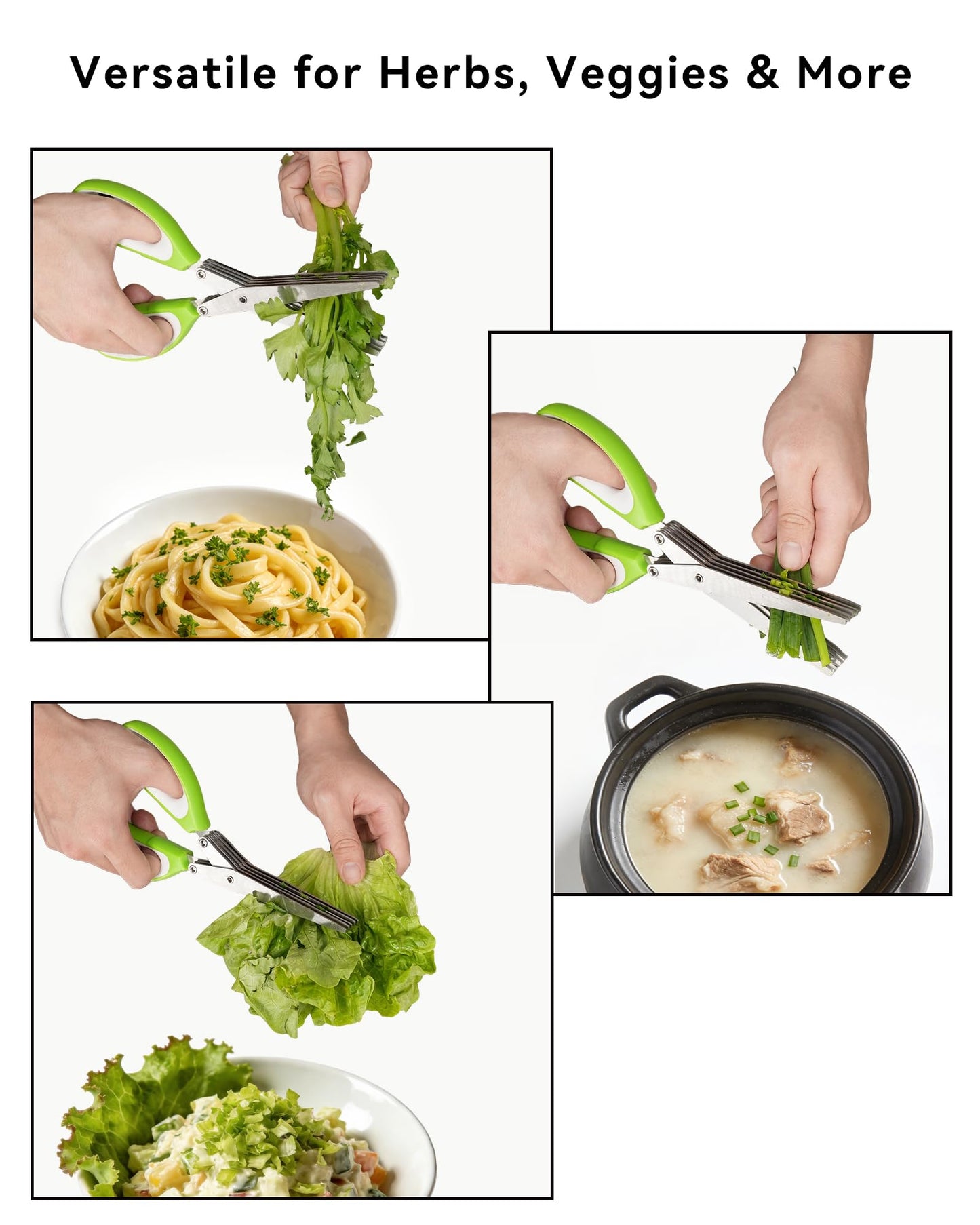 5 Blades Herb Scissors - Professional Kitchen Shears with Safety Cover for Cutting Green Onions, Fresh Herbs, Vegetables & Salad Food Prep, Must-Have Cooking Gadgets (Green, White, 8.7 inch)