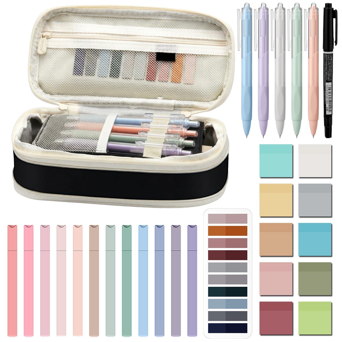 Jutom 39 Pcs Aesthetic Book Annotation Kit Highlighter with Case Bag Gel Pen Transparent Sticky Note Taking Bible Supplies(Black,Cute Style)