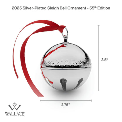 Wallace 2025 Silver-Plated Sleigh Bell Ornament 55th Edition - Cardinals and Poinsettias Holiday Collectible - Handcrafted Annual Christmas Bell with Gift Box