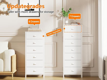 Furnulem White Tall Dresser for Bedroom with 7 Drawers, Vertical Chest of Drawer in Closet, Nightstand Storage Tower Unit Organizer with Fabric Bins for Dorm,Living Room,Entryway,Hallyway