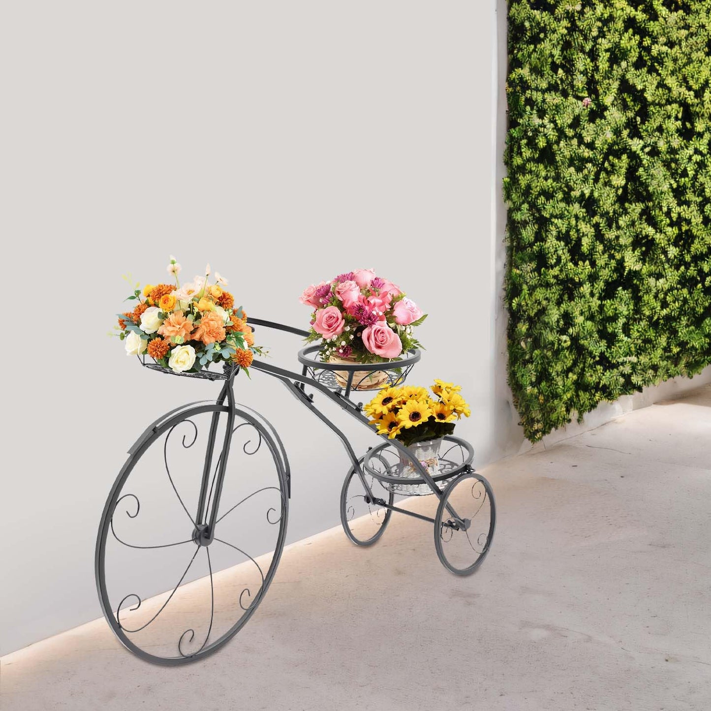 QQDETRR Bicycle Plant Stand, Large Metal Tricycle Planter for Indoor/Outdoor, 3-Tier Flower Holder for Garden, Home, Black