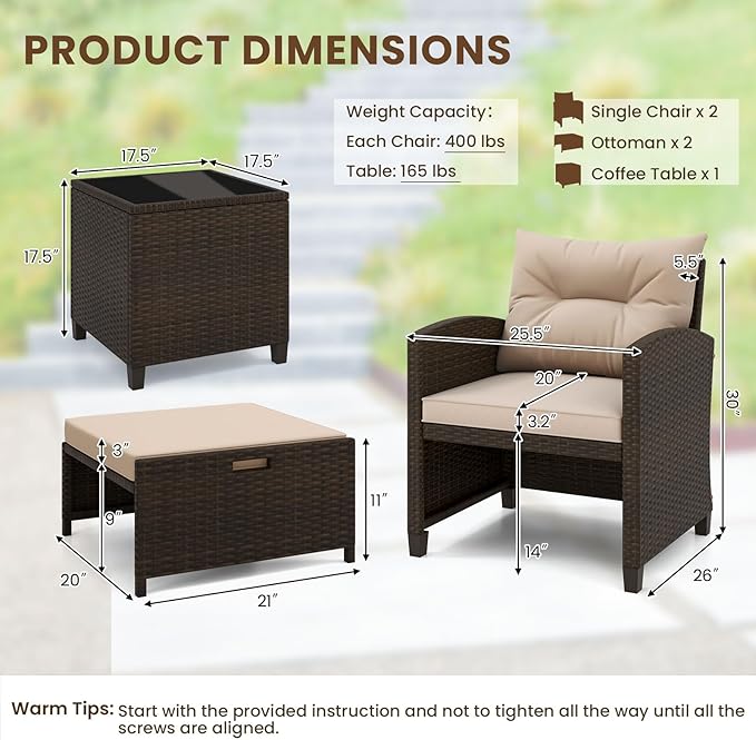 Tangkula 5 Pieces Patio Conversation Set, PE Wicker Rattan Outdoor Furniture Set