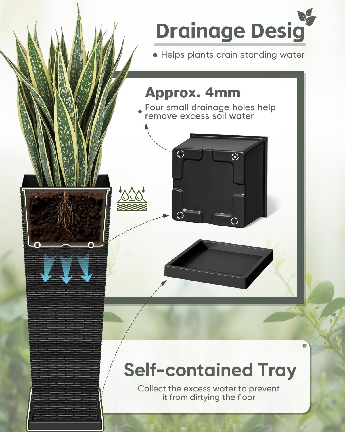 Greesum Set of 2 Tall Plastic Planters with Saucer, 32 Inch Large Pots with Drainage Trays, Weather-Resistant Plastic Plant Containers for Patio, Porch, Garden,Black