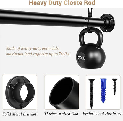 Closet Rod Adjustable 17 to 128 Inch, 1-1/4” Diameter, Closet Rods for Hanging Clothes, Stepless Metal Heavy Duty Hanging Rod for Closet Wardrobes Laundry RV (Black)