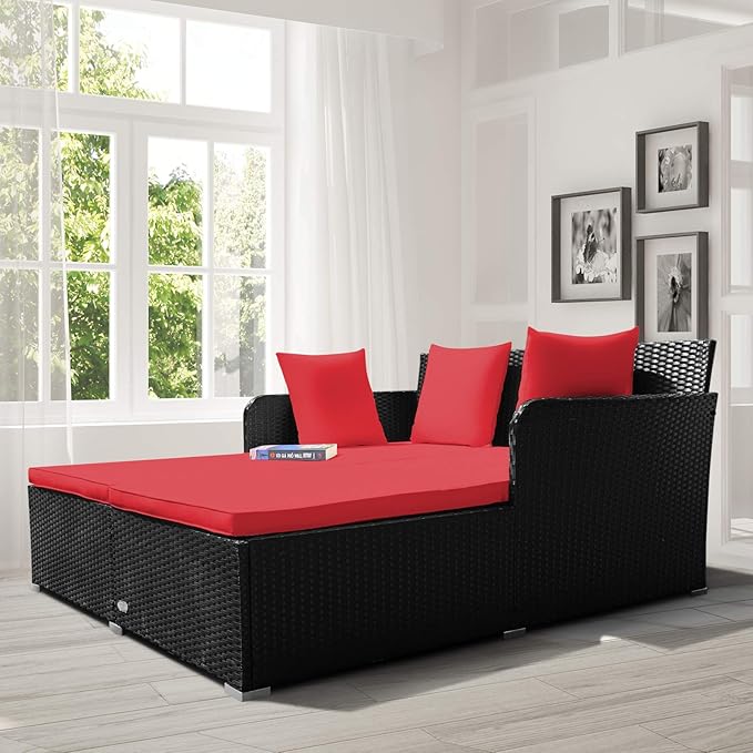 COSTWAY Outdoor Patio Rattan Daybed, Sponge Cushioned Loveseat Sofa