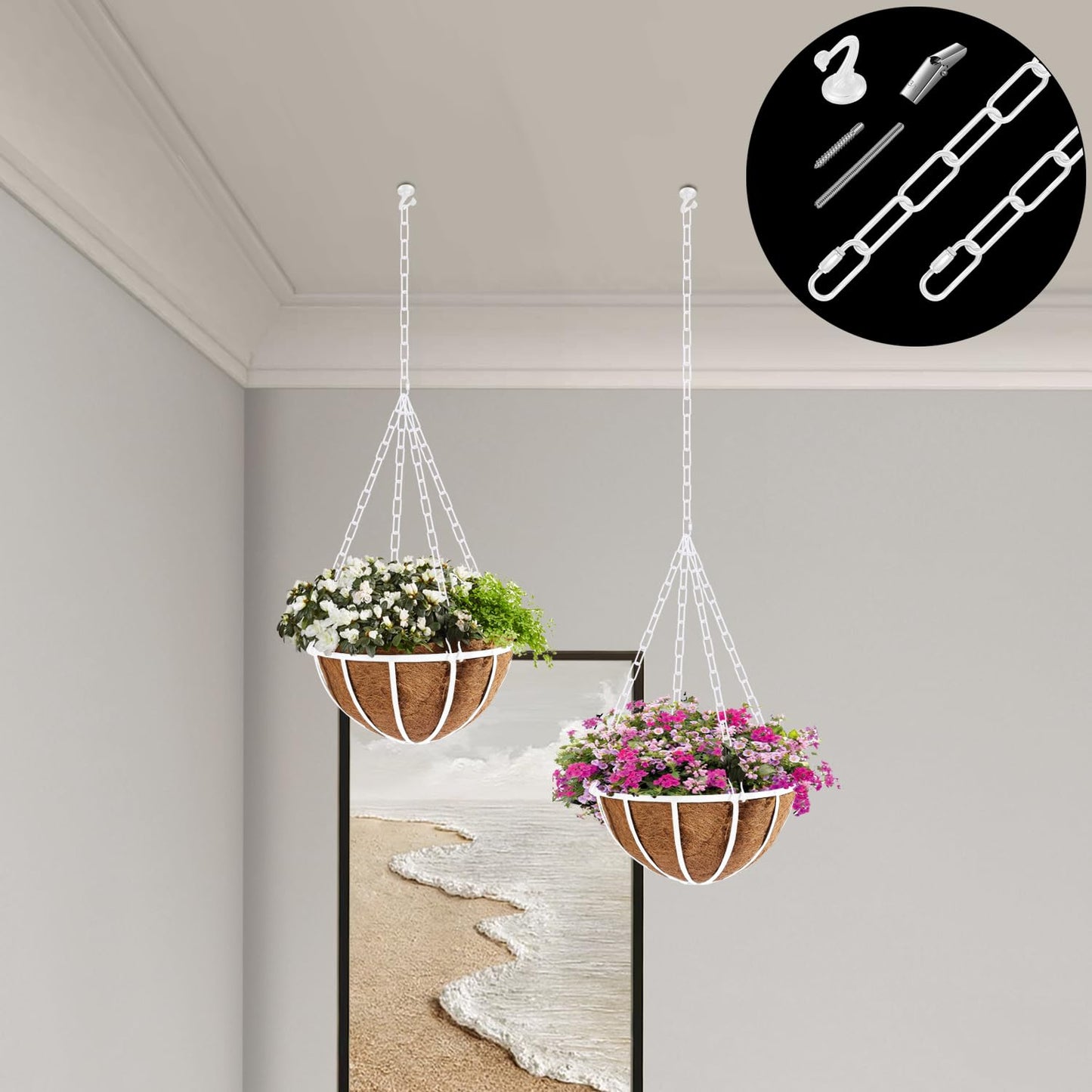 Omytie 6 Ft Heavy Duty Hanging Chain Kit with Connection Locks & Swag Ceiling Hooks for Lighting Fixture, Chandelier, Pendant, Lantern, Swag Lamp, Plant/Flower/Fruit Basket, Bird Feeder (White)