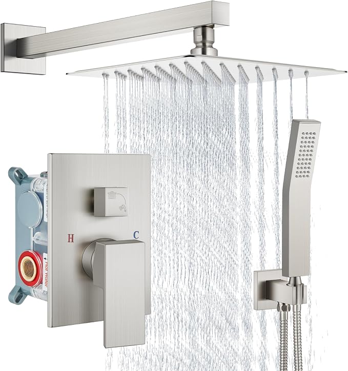 Aolemi Shower Faucet Set Rain Shower System with Handheld Spray Bathroom Shower Combo Rough-in Valve and Shower Trim Kit Included Brushed Nickel 8 Inch Wall Mount Shower Head