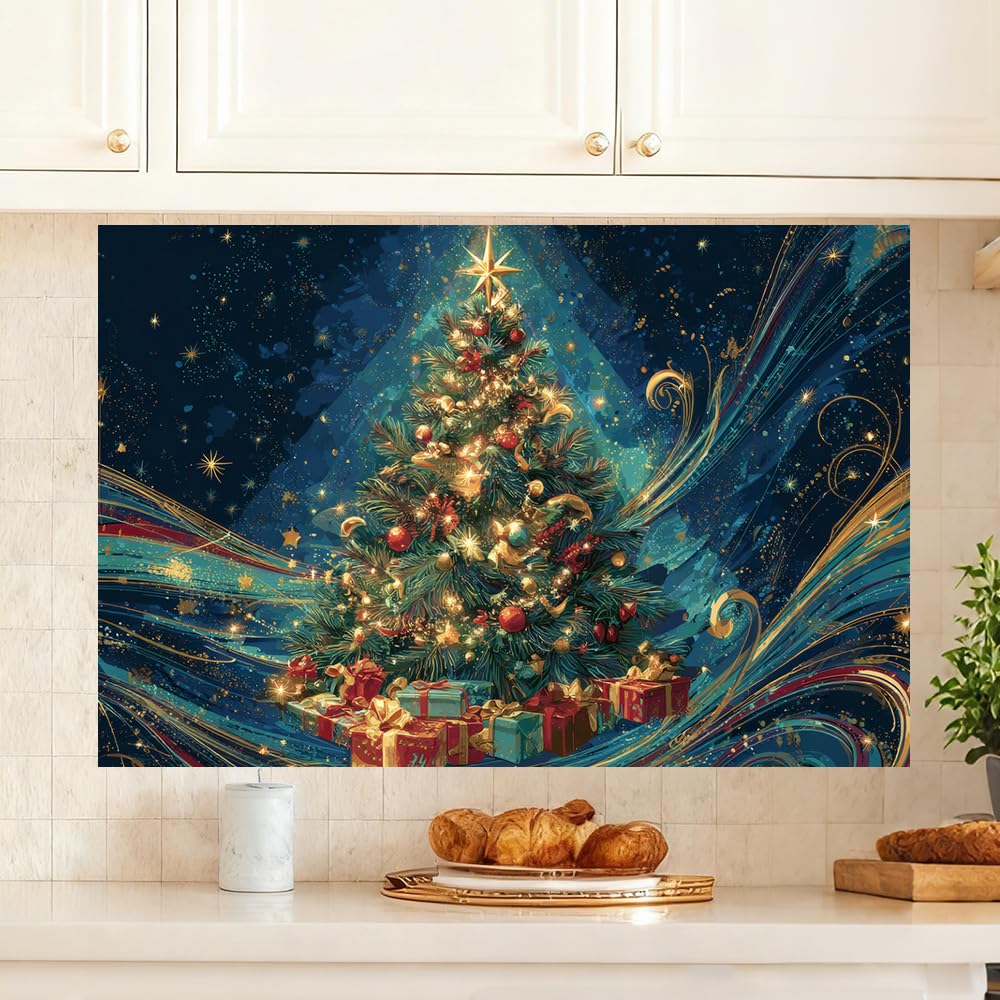 Kitchen Wall Decals 35.5x23.6 Inch Christmas Tree with Ornaments and Gift Boxes Golden Lights Peel and Stick Wall Stickers for Kitchen Living Room Holiday Home Decoration Removable
