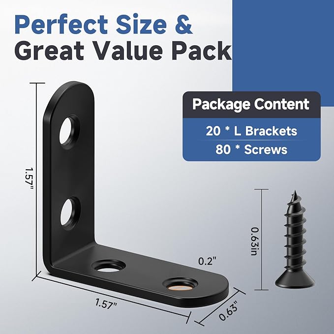 20PCS Black L Brackets, Stainless Steel Corner Brace