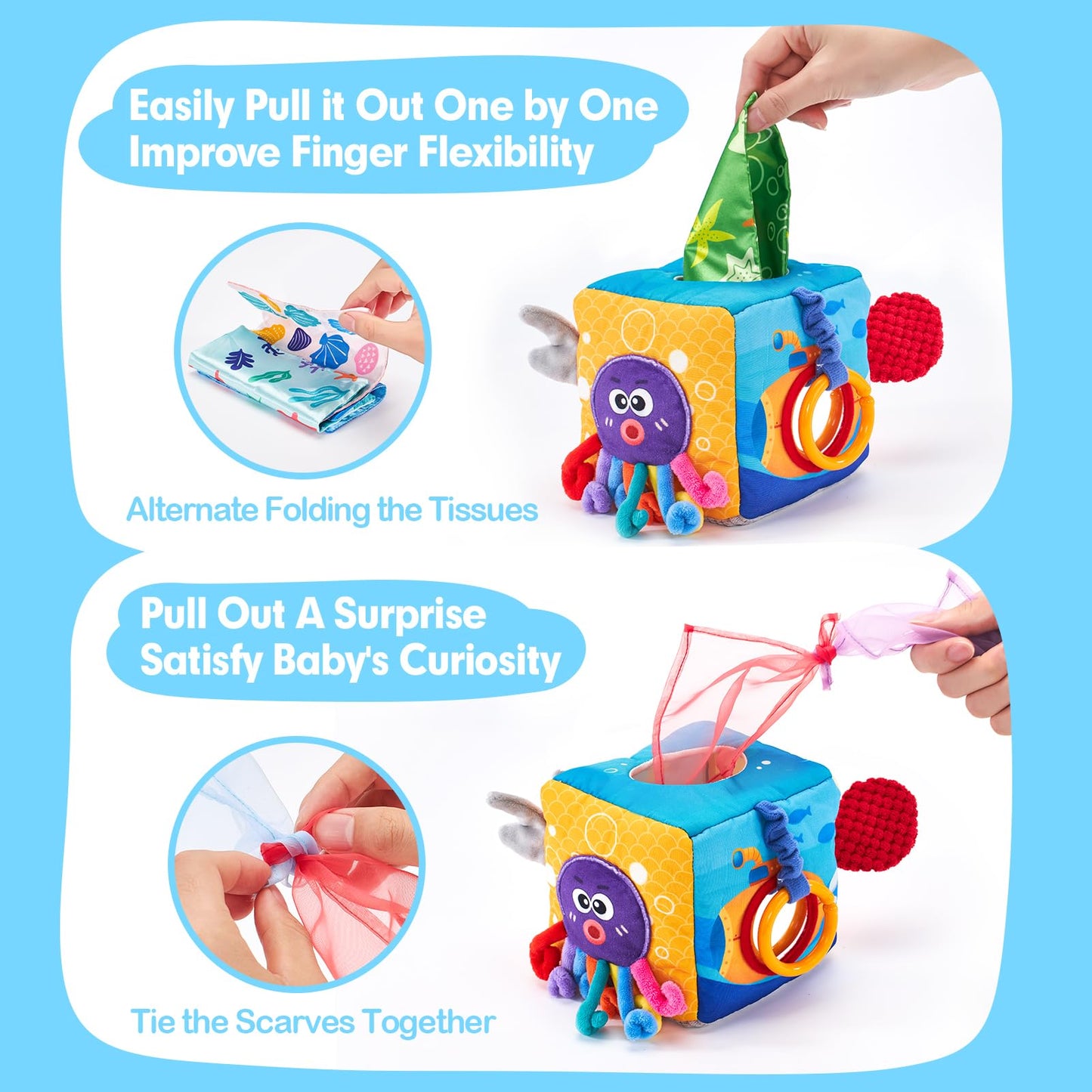 hahaland Baby Tissue Box Toy - Baby Toys 6-12 Months Montessori Toys for 6 Month Old with Textured Tails, Cloth Tissues, Crinkle, Squeaky Sounds, Mirror - Gifts Play Silks Sensoy Scarves for Babies