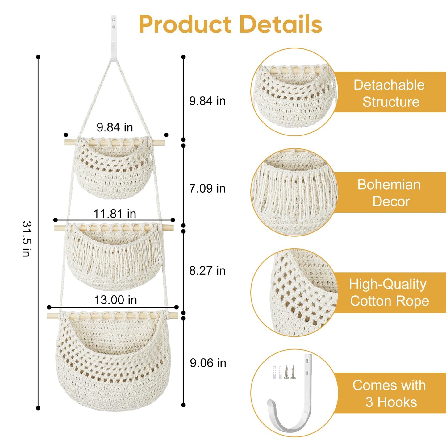 GLDFI Boho Style Handwoven Rope Hanging Basket - 3-Tier Detachable Storage Organizer for Kitchen/Bathroom/Entryway, 3 Included Heavy-Duty Hooks, 7 Color Options Available (Brown)