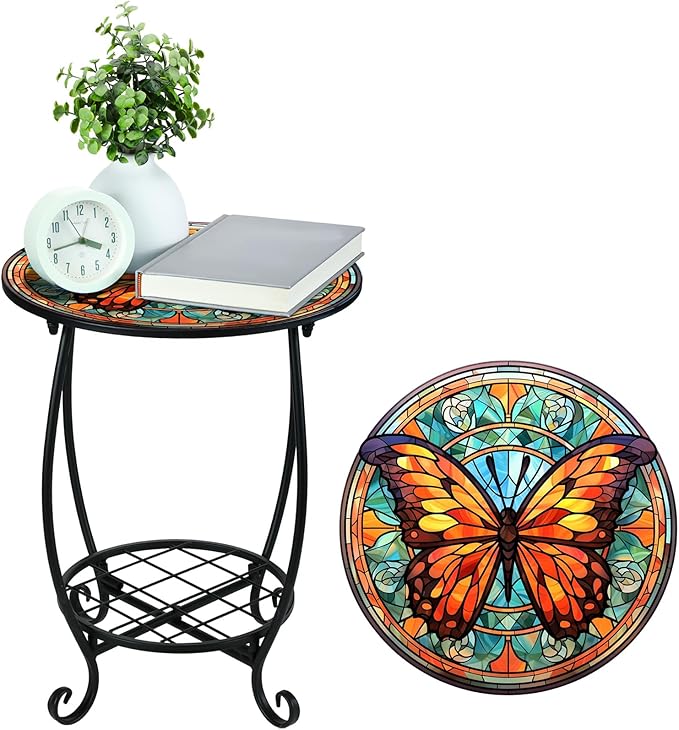 Cinnvoice Outdoor Side Table Round Small Mosaic Patio Accent Indoor End Plant