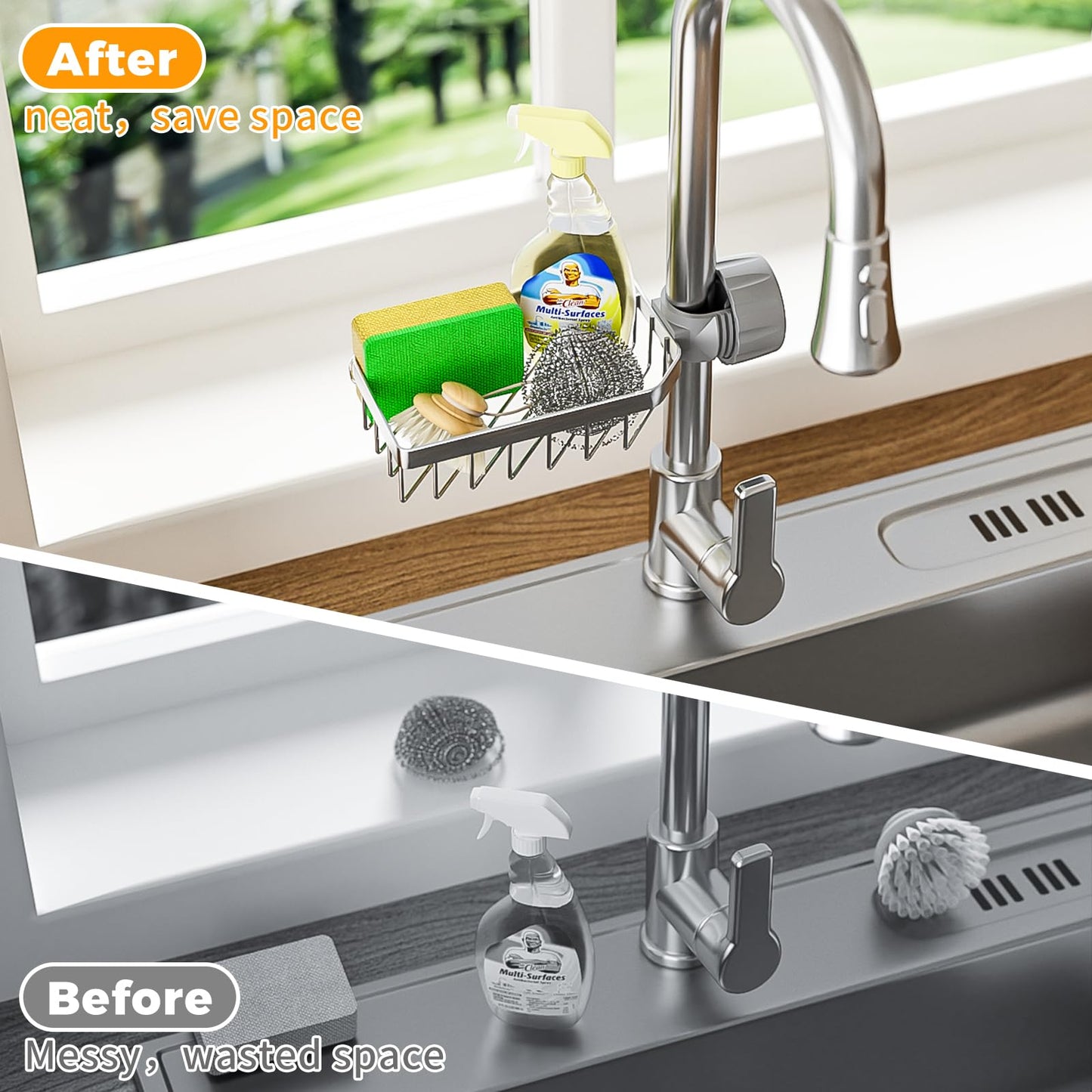 LONIN Sponge Holder Over Faucet Kitchen Sink Caddy Organizer, Stainless Steel Detachable Hanging Faucet Drain Rack for Bathroom, Scrubbers, Soap, Chrome