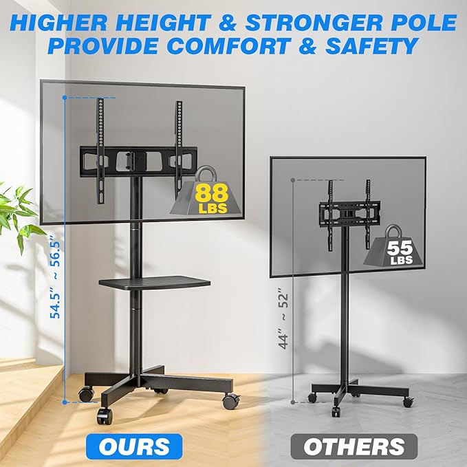 Rolling TV Stand with Shelf for 23-65 inch TVs up to 88lbs, Portable Mobile TV