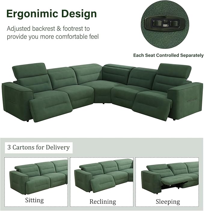 Power Recliner Sectional Sofa, L-Shaped Living Room Furniture Set, Flannel