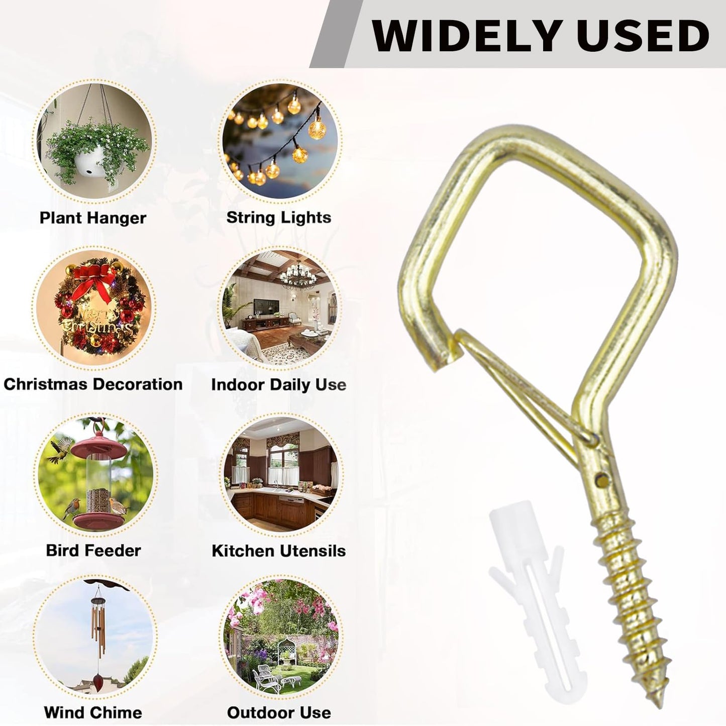 Sexoeie 35PCS Eye Screw Hooks for Hanging Heavy Duty with Safety Buckle.Metal Ceiling Hooks for Hanging Plants,Cup,Wind Chime,Bird Feeders,String Lights at Indoor&Outdoor,2.36 Inches Gold