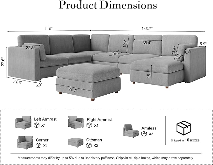 Oversized Modular Sectional Sofa, Solid Wood Frame, Removable Washable Cover