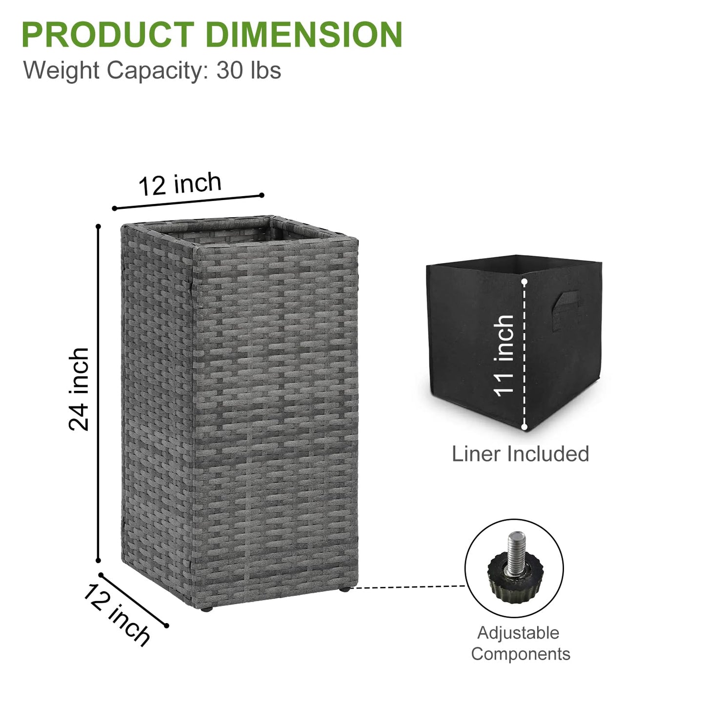 LEWIS&WAYNE Set of 2 Tall Planters for Outdoor Plants Handmade 24'' Wicker Tall Square Planter Box with Removable Liners Modern Planter for Indoor Outdoor Garden Patio Front Porch - Gray