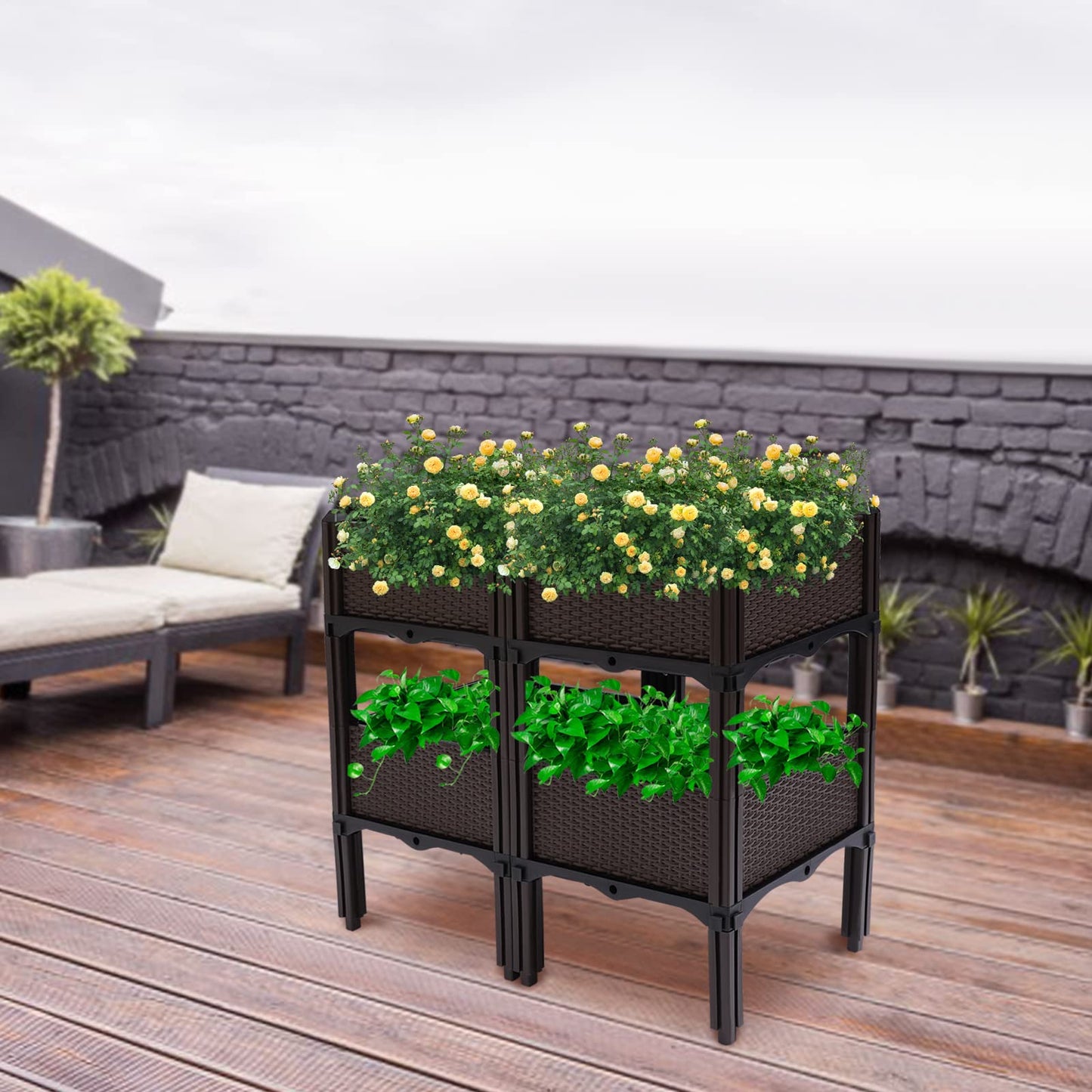 DYRABREST Set of 4 Raised Garden Bed Self-Watering Plastic Planter Box Stand with Legs, Sun and Frost Resistant Planter Outdoor Vegetable Growing Bed for Flower Herb Backyard, Patio, Balcony